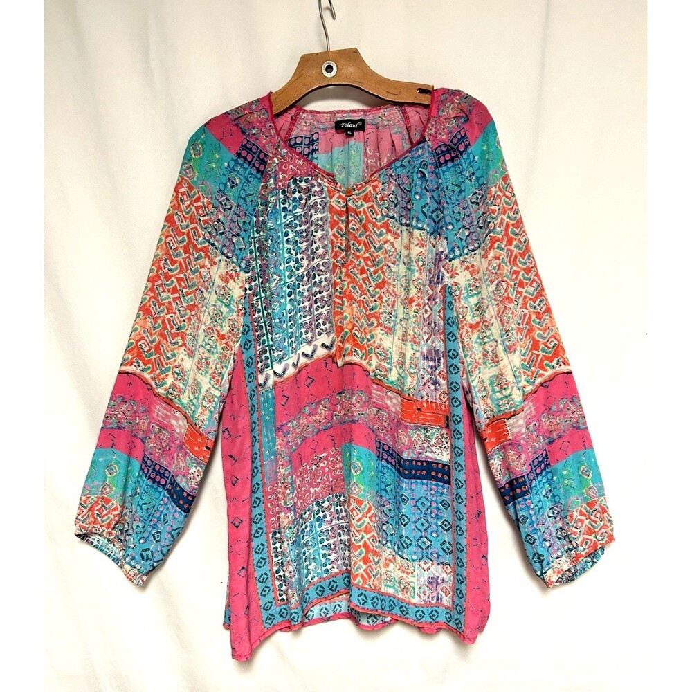 Tolani 100% Silk Multi Color Patchwork Boho Blouse Flowy Festival Women’s XL